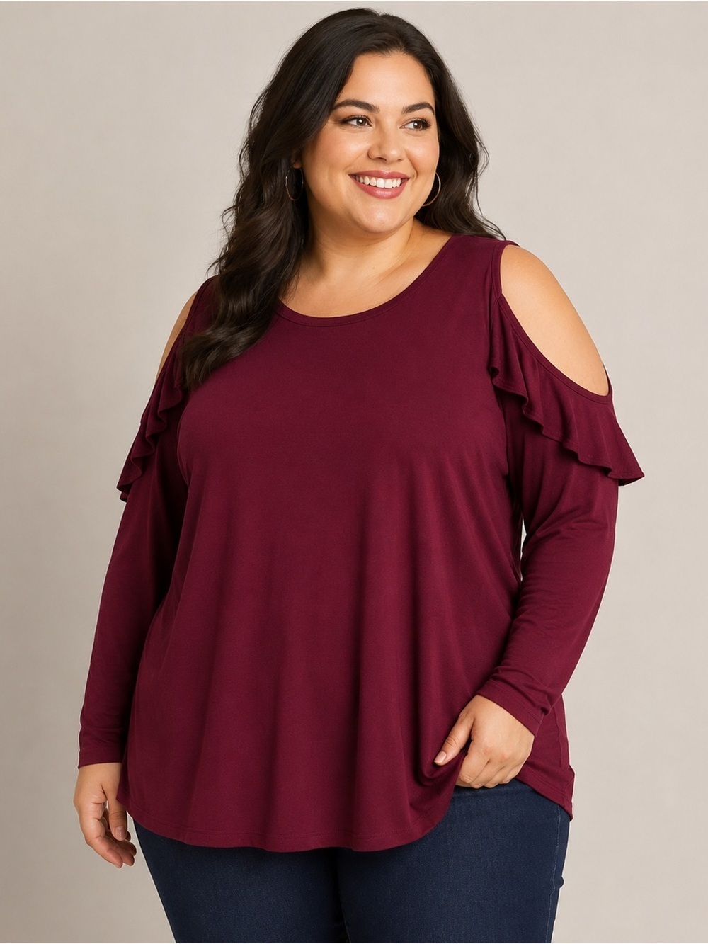 DG2 by Diane Gilman Maroon Cold Shoulder Ruffle Blouse NWT | Size 2X